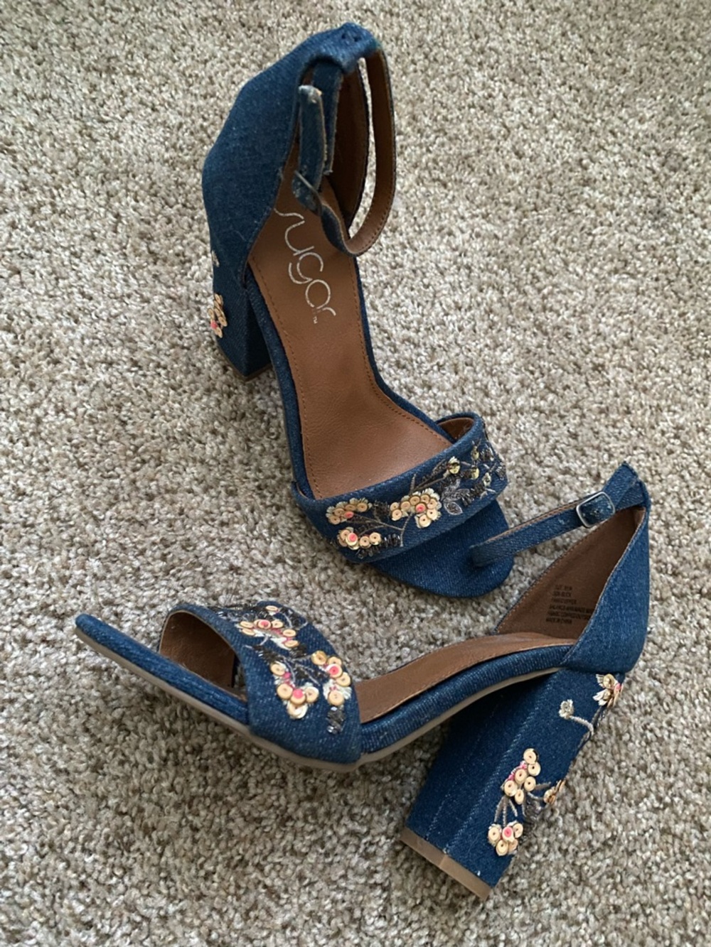 women’s denim sequin heels
